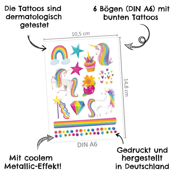 Temporary Tattoos - Metallic Einhorn & Regenbogen - Kindertattoo Set