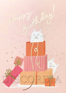 Grußkarte *Happy Birthday!* Katze mit Geschenk