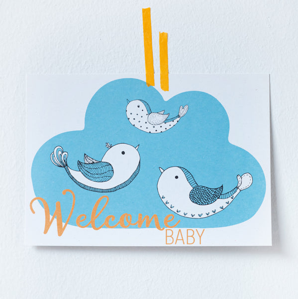 Postkarte Vogelfamilie Carlsson *Welcome Baby*