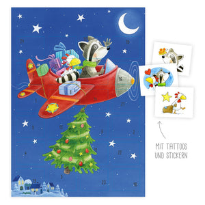Adventkalender *Waschbär und Huhn im Flugzeug* Tattoos + Sticker